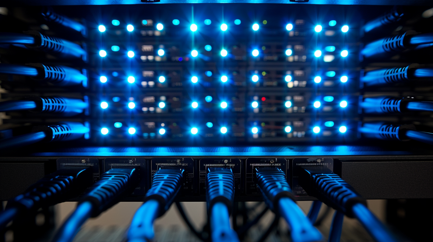 Professional network server rack with illuminated blue ethernet cables and switches