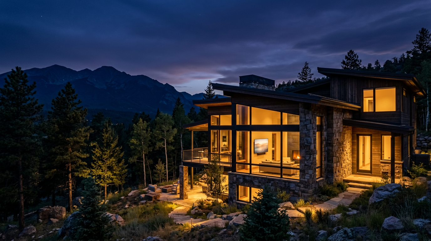 Modern Colorado home at dusk with glowing windows and the foothills behind it